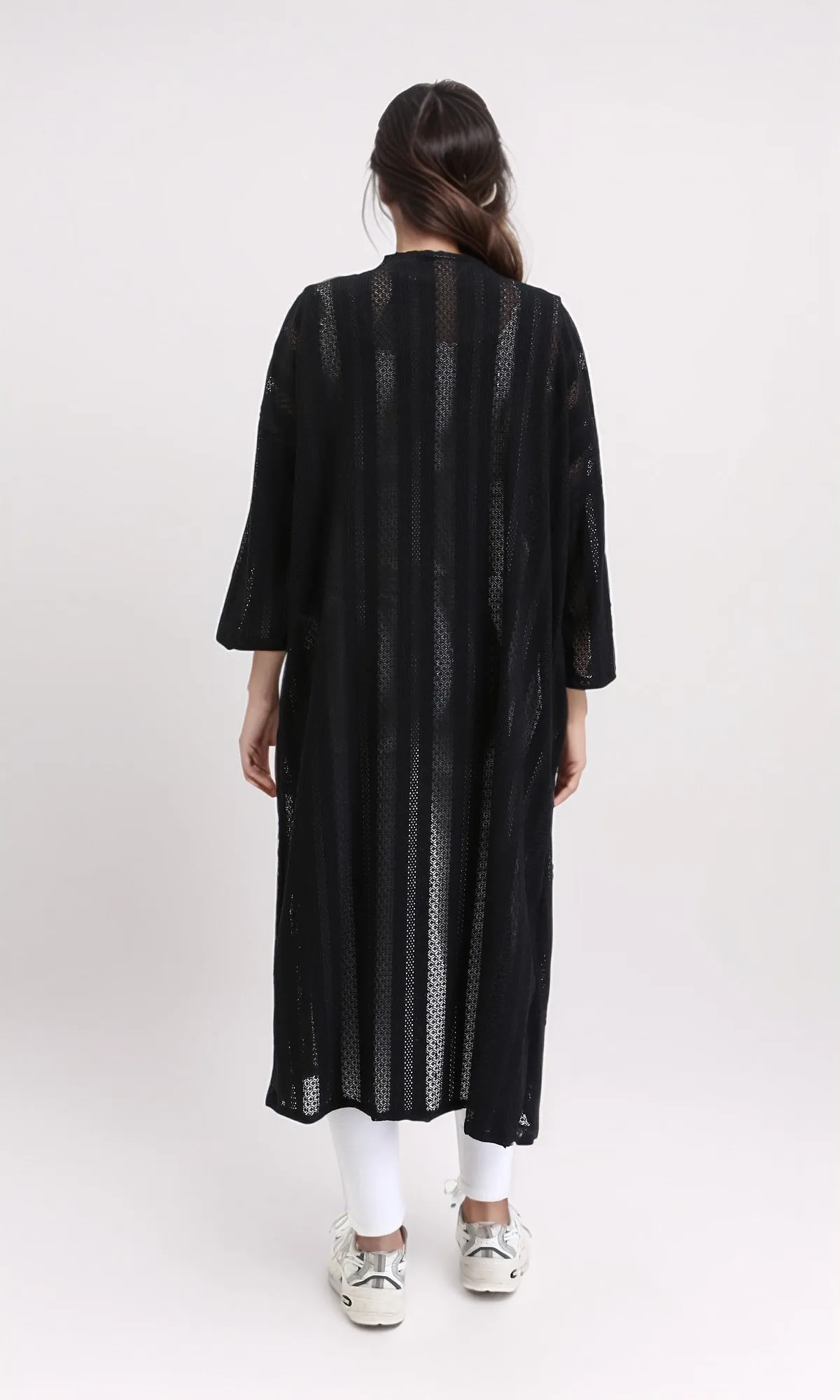 R210313 - Self Pattern Perforated Long Cardigan - Black