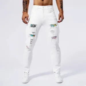 RESHAKE Ripped Slim Fit White Stretch Jeans