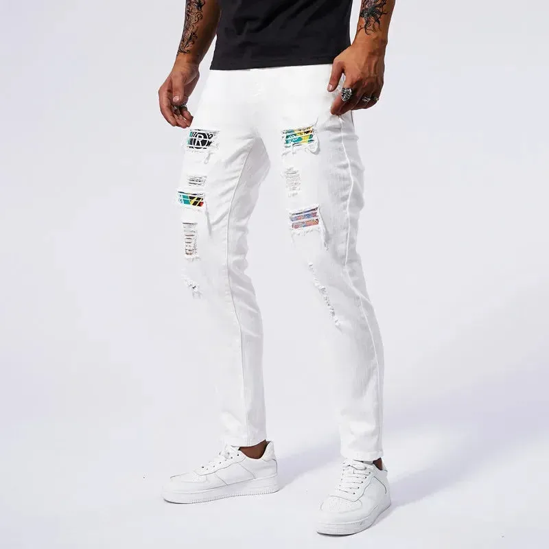 RESHAKE Ripped Slim Fit White Stretch Jeans