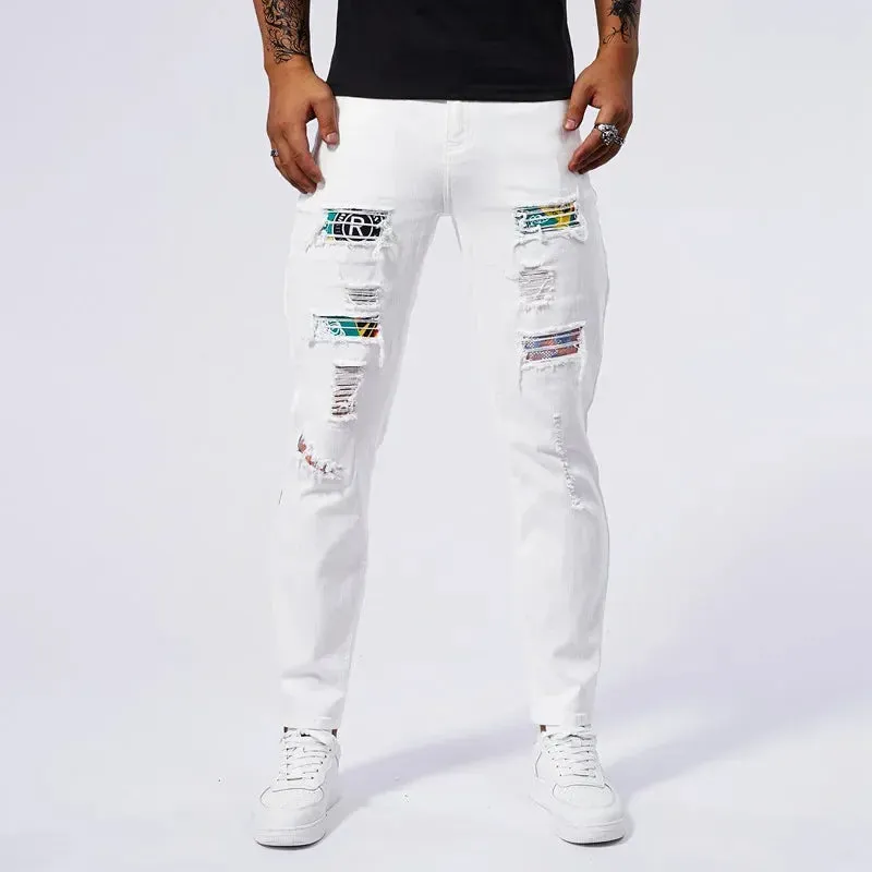 RESHAKE Ripped Slim Fit White Stretch Jeans