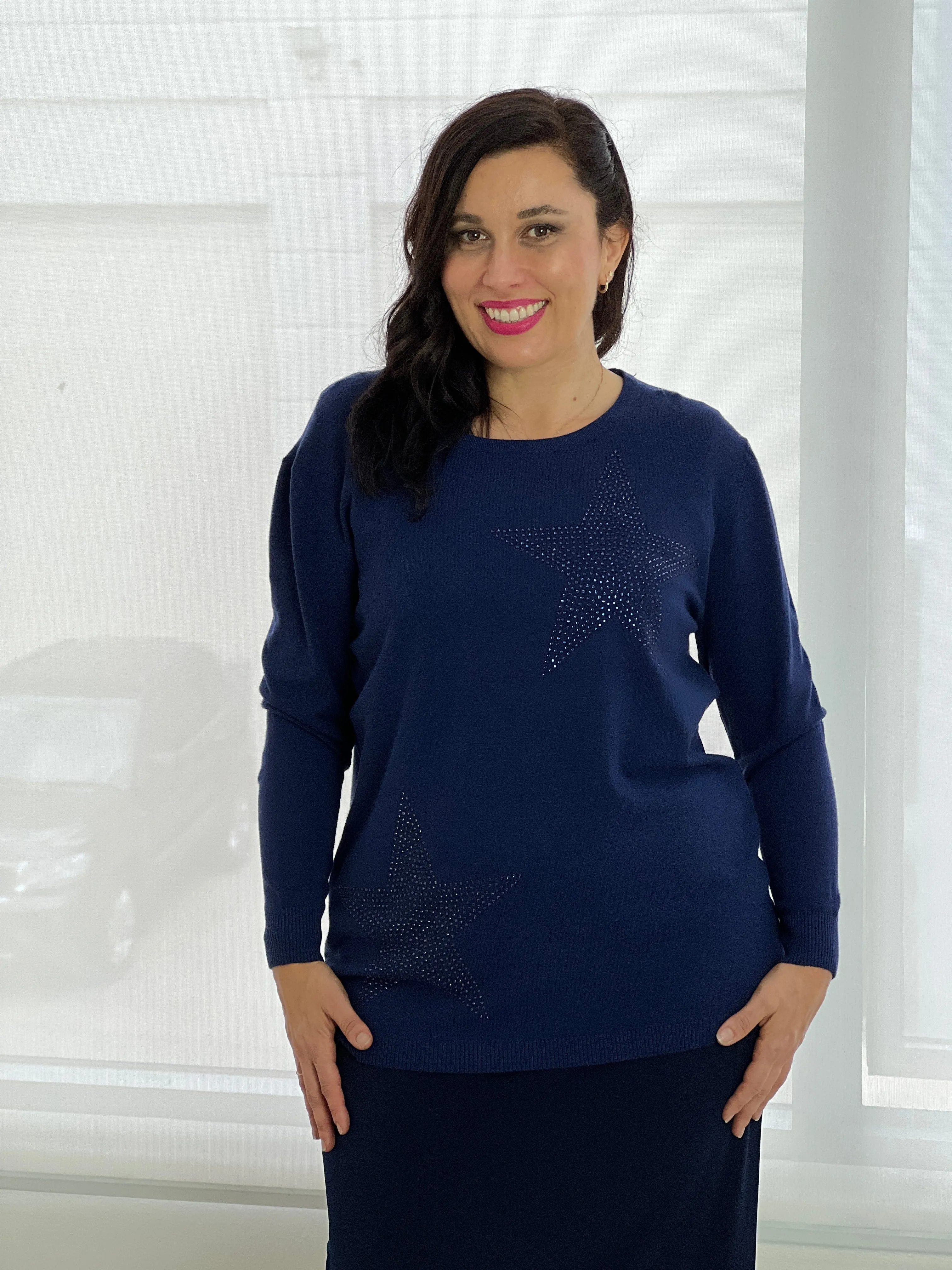 Shayla Navy Rhinestone Knit Jumper