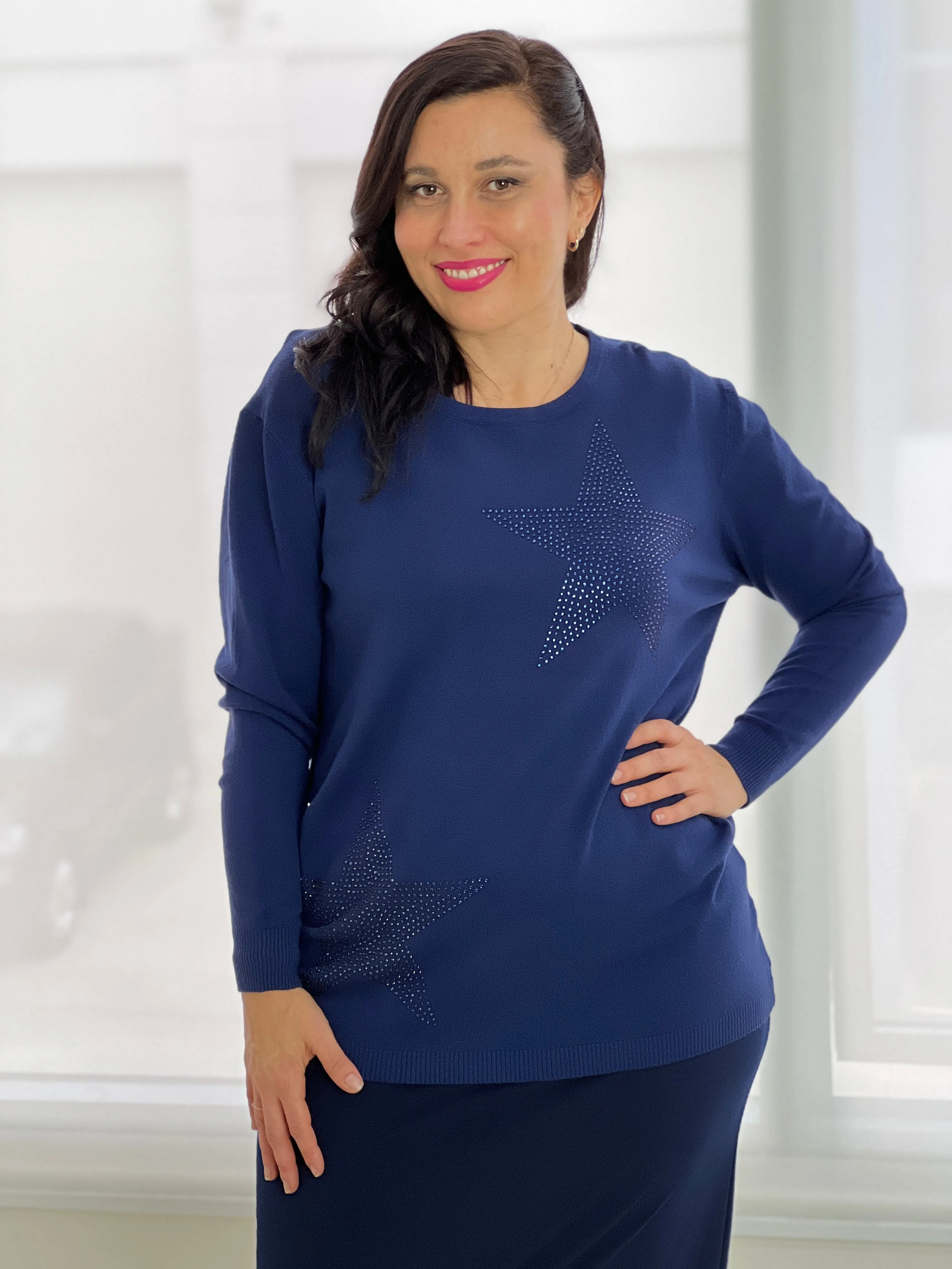 Shayla Navy Rhinestone Knit Jumper