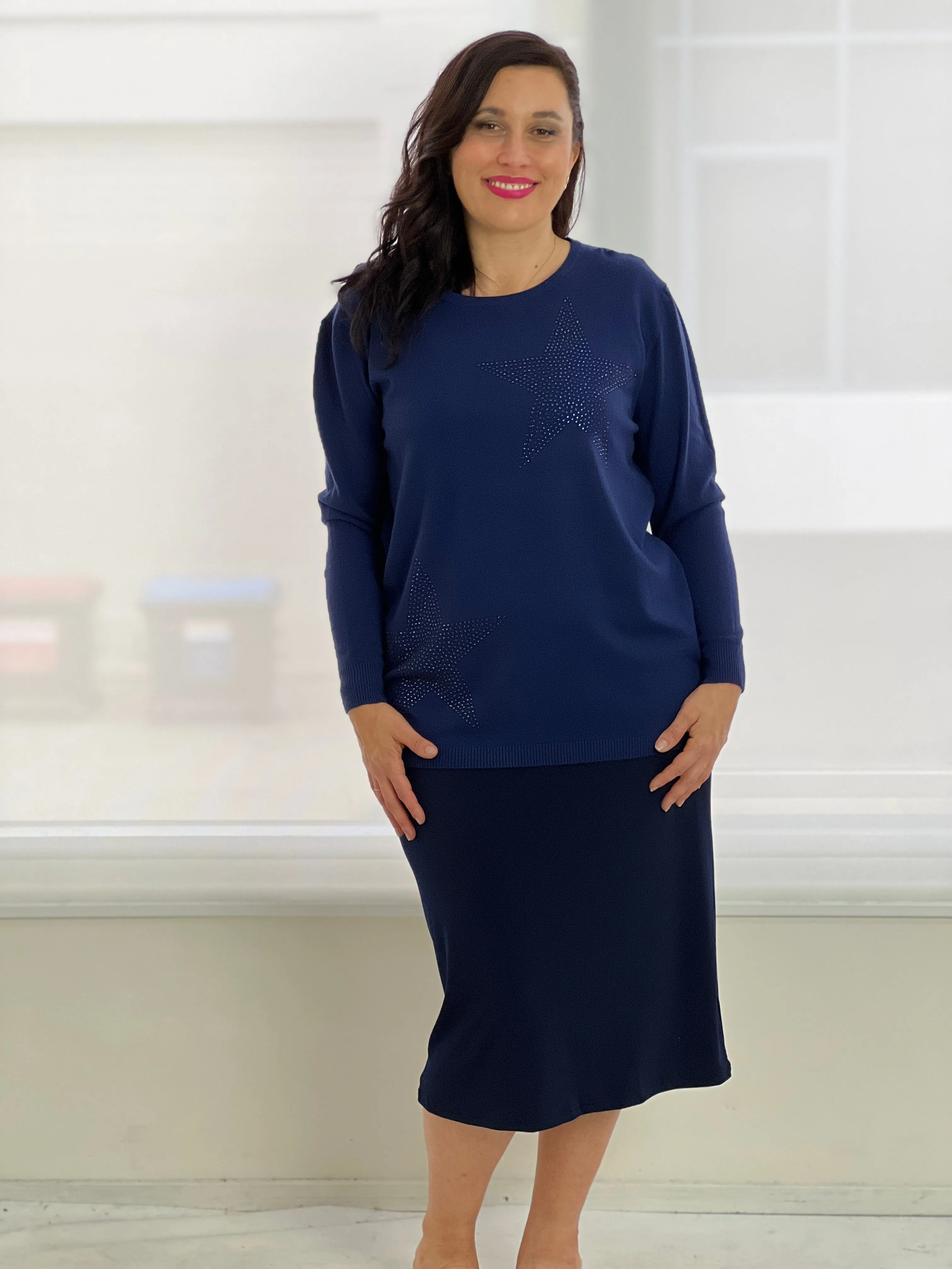 Shayla Navy Rhinestone Knit Jumper