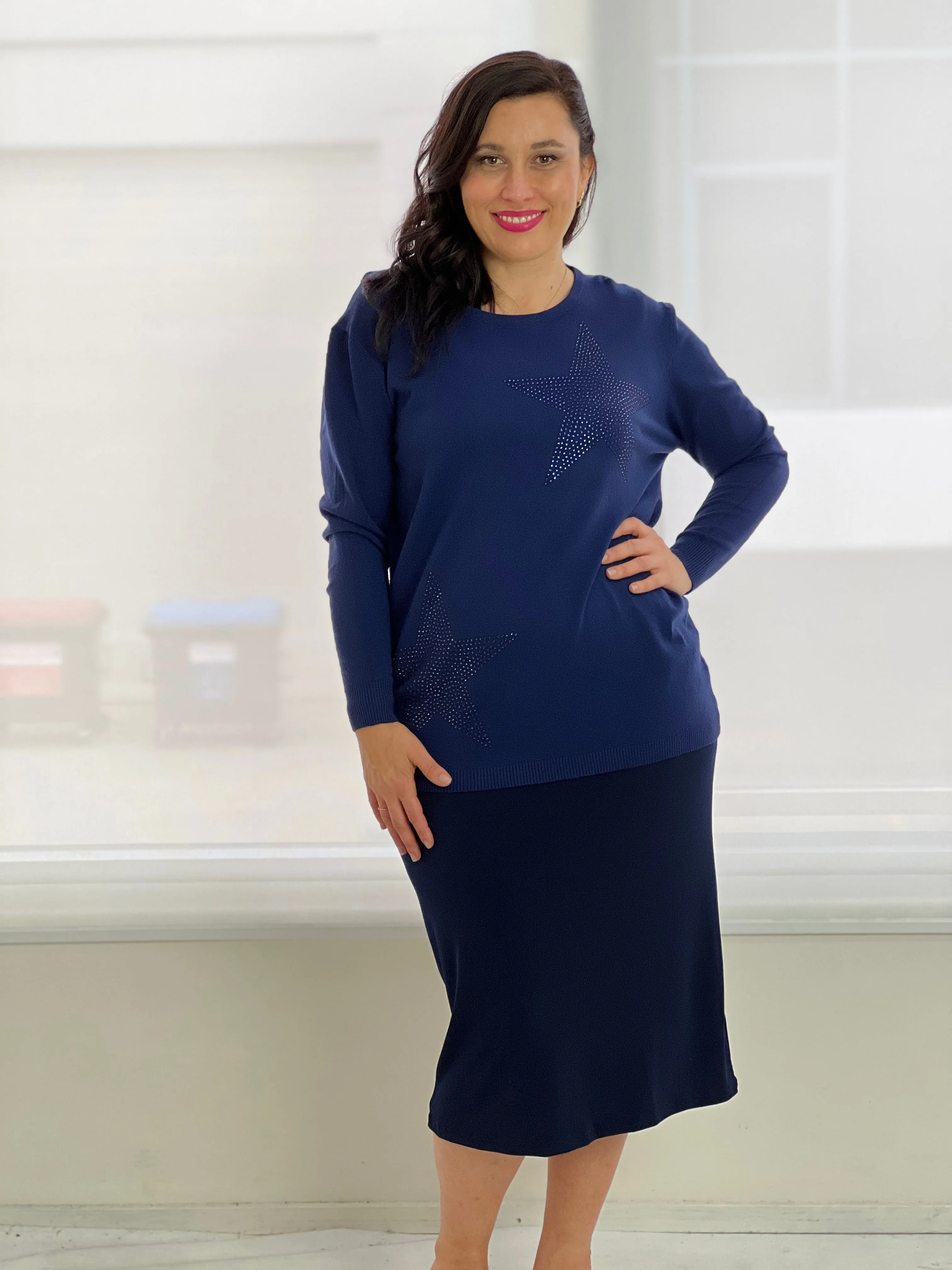 Shayla Navy Rhinestone Knit Jumper