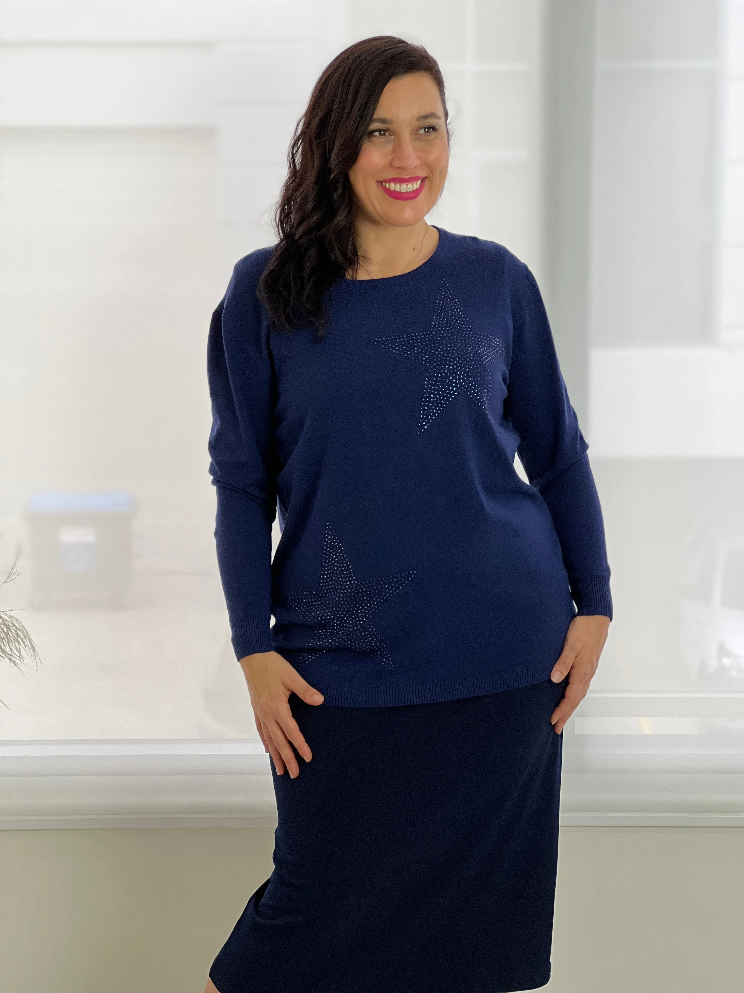 Shayla Navy Rhinestone Knit Jumper