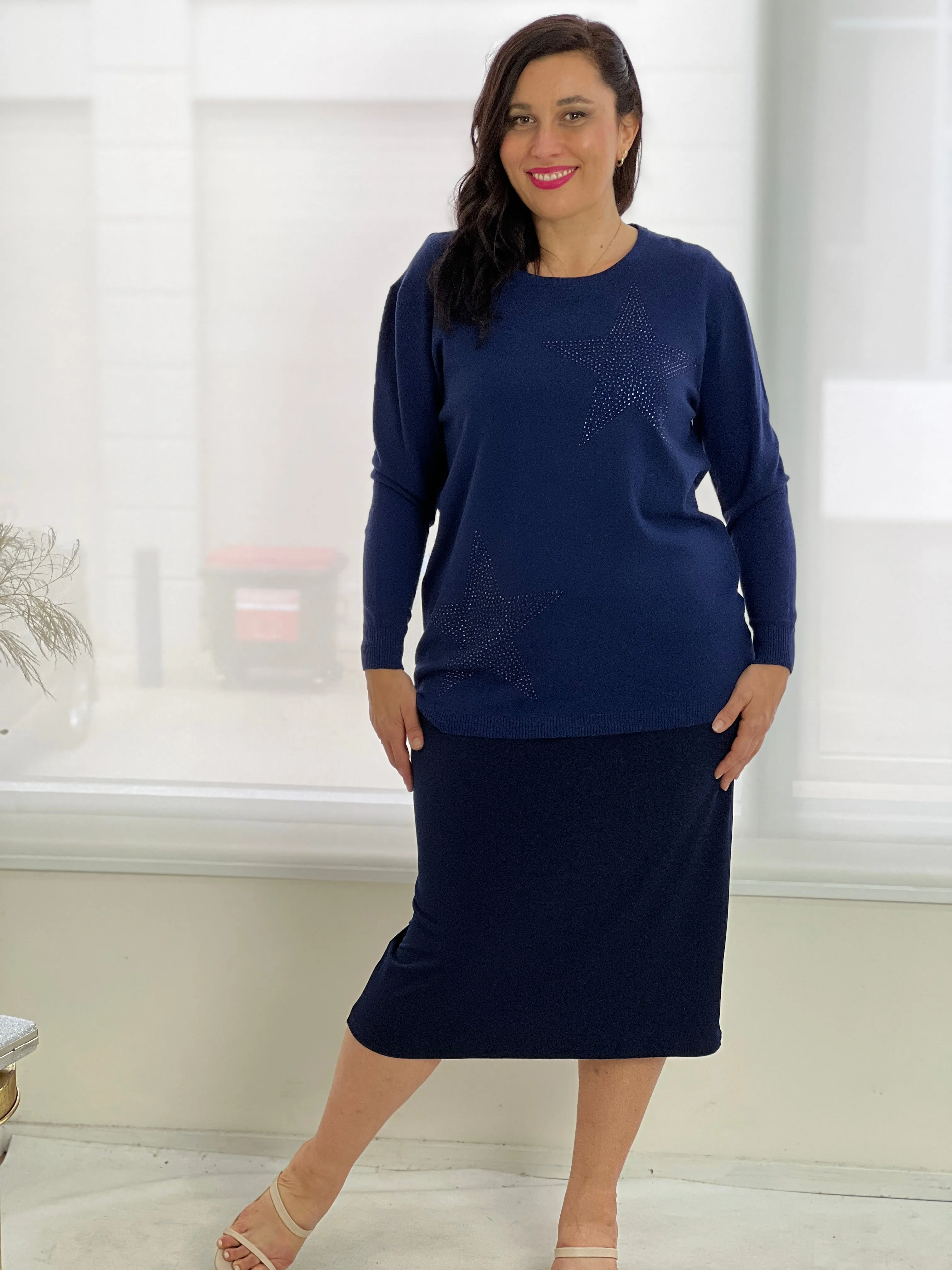 Shayla Navy Rhinestone Knit Jumper