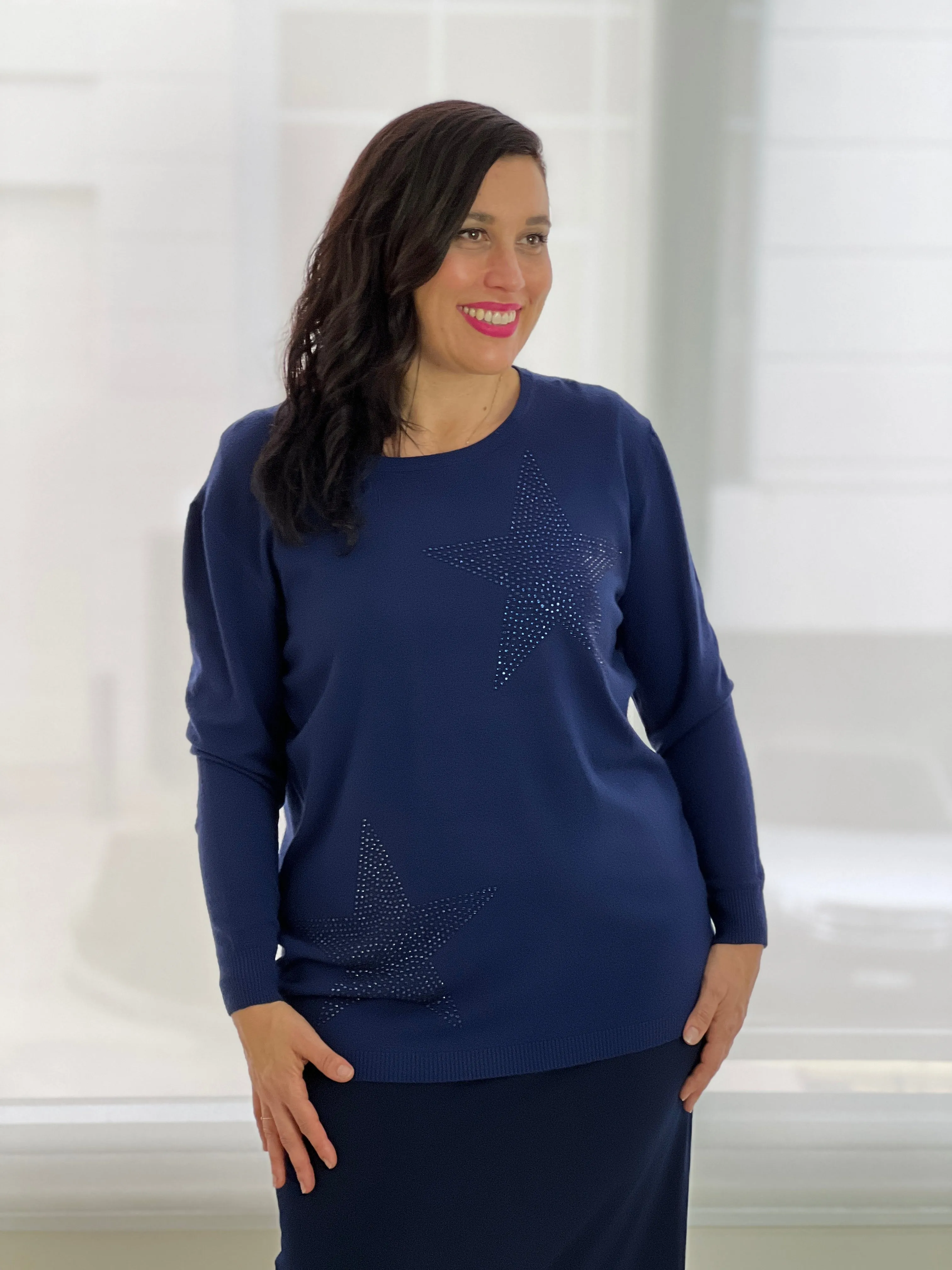 Shayla Navy Rhinestone Knit Jumper