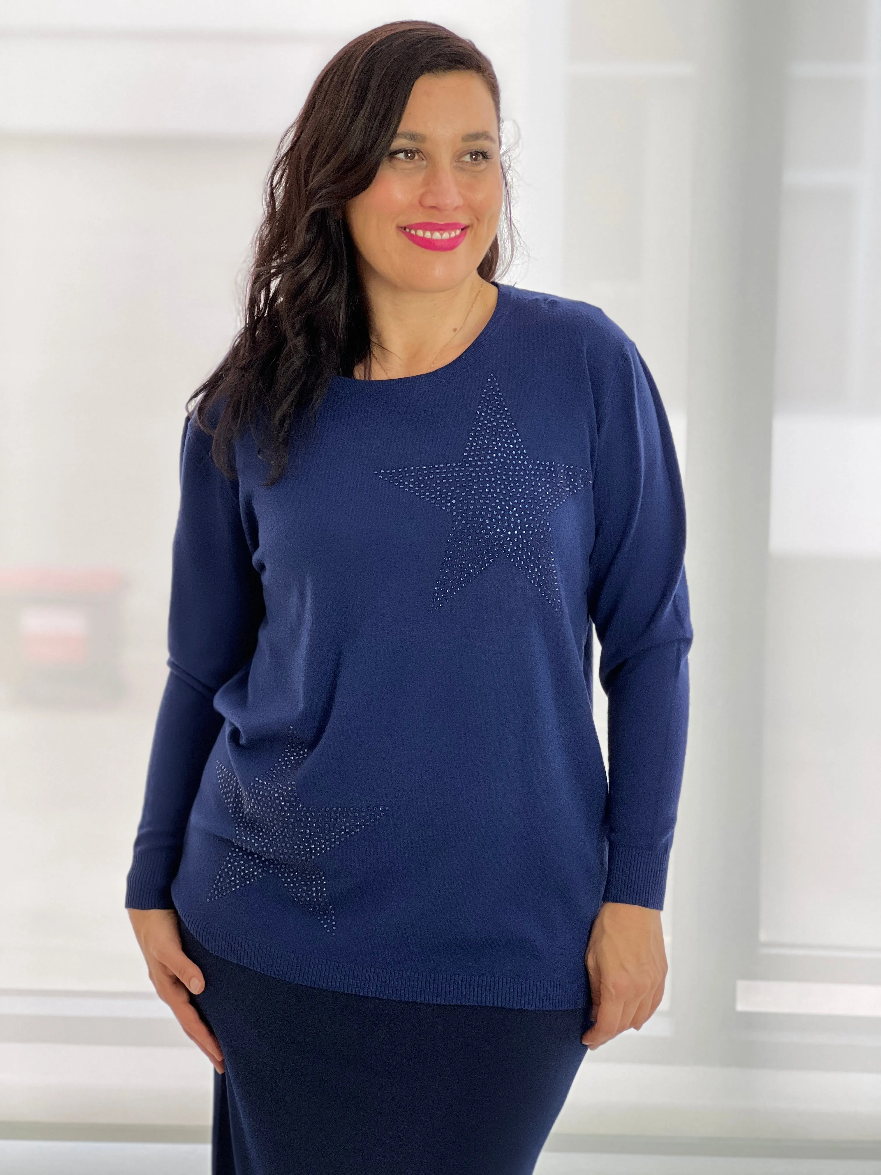 Shayla Navy Rhinestone Knit Jumper
