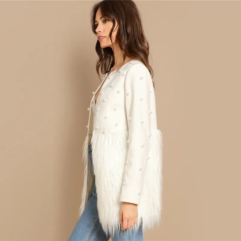 Sheinside White Pearl Embellished Coat Women Autumn Jacket Elegant Ladies Outerwear 2018 Womens Fashion Patchwork Faux Fur Coats