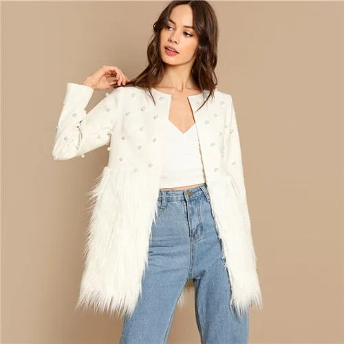 Sheinside White Pearl Embellished Coat Women Autumn Jacket Elegant Ladies Outerwear 2018 Womens Fashion Patchwork Faux Fur Coats