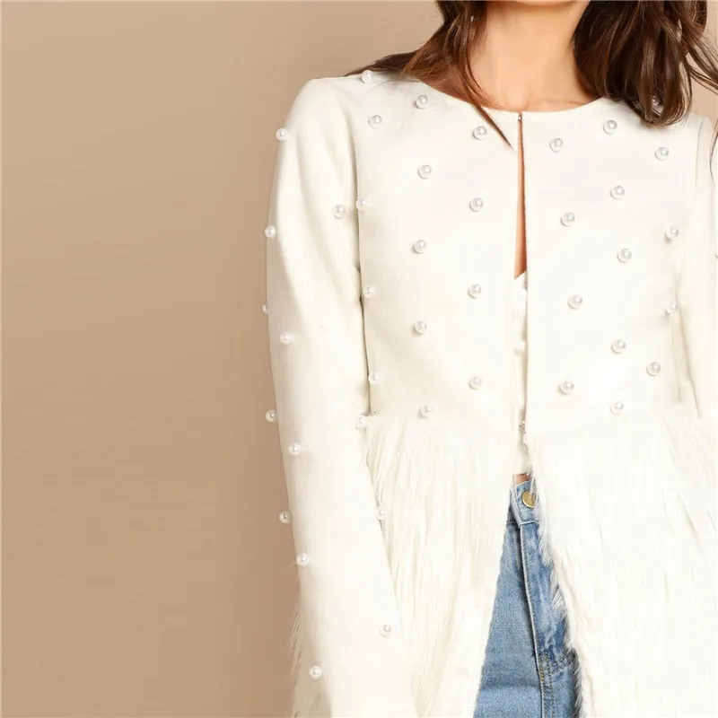 Sheinside White Pearl Embellished Coat Women Autumn Jacket Elegant Ladies Outerwear 2018 Womens Fashion Patchwork Faux Fur Coats
