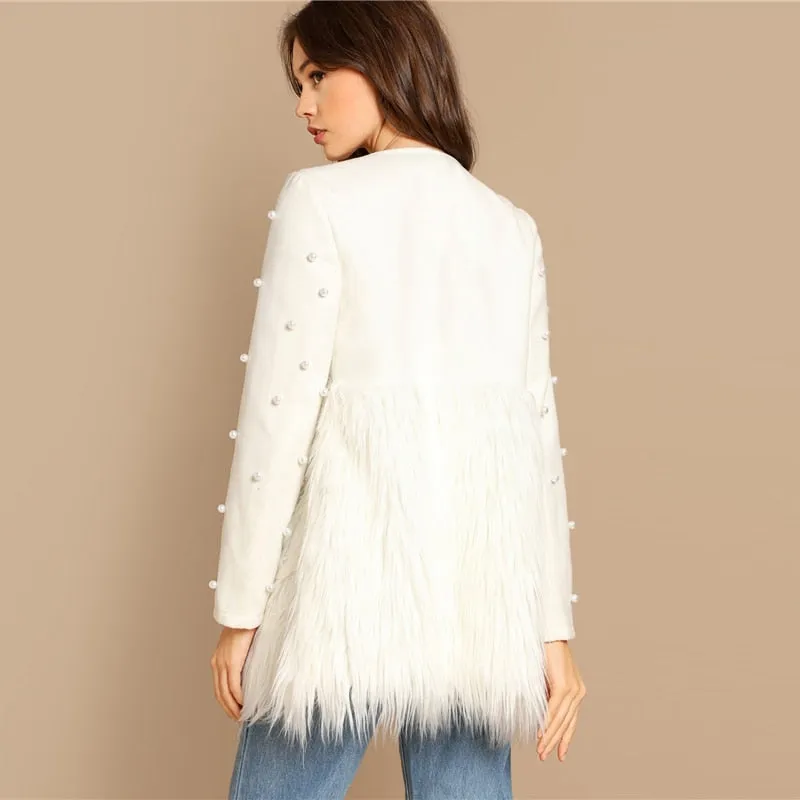 Sheinside White Pearl Embellished Coat Women Autumn Jacket Elegant Ladies Outerwear 2018 Womens Fashion Patchwork Faux Fur Coats