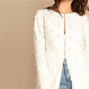Sheinside White Pearl Embellished Coat Women Autumn Jacket Elegant Ladies Outerwear 2018 Womens Fashion Patchwork Faux Fur Coats