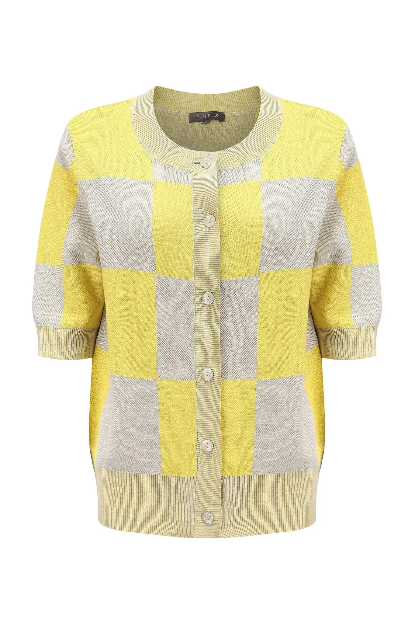 Short Sleeve Cardigan with Checkered Pattern