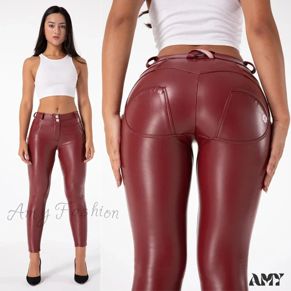 Skin Tight Dark Red Leather Faux Stretch Slim Fit Pants