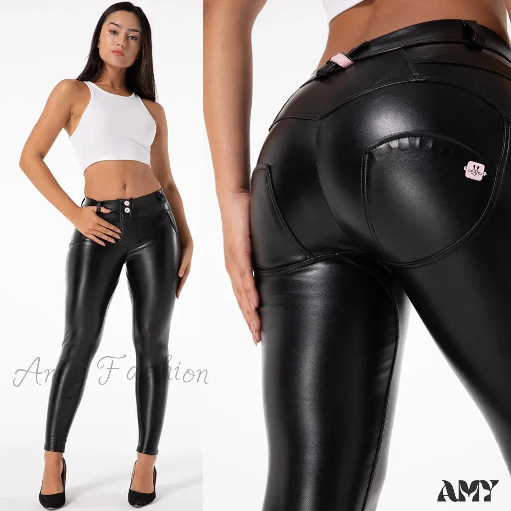 Skin Tight Dark Red Leather Faux Stretch Slim Fit Pants