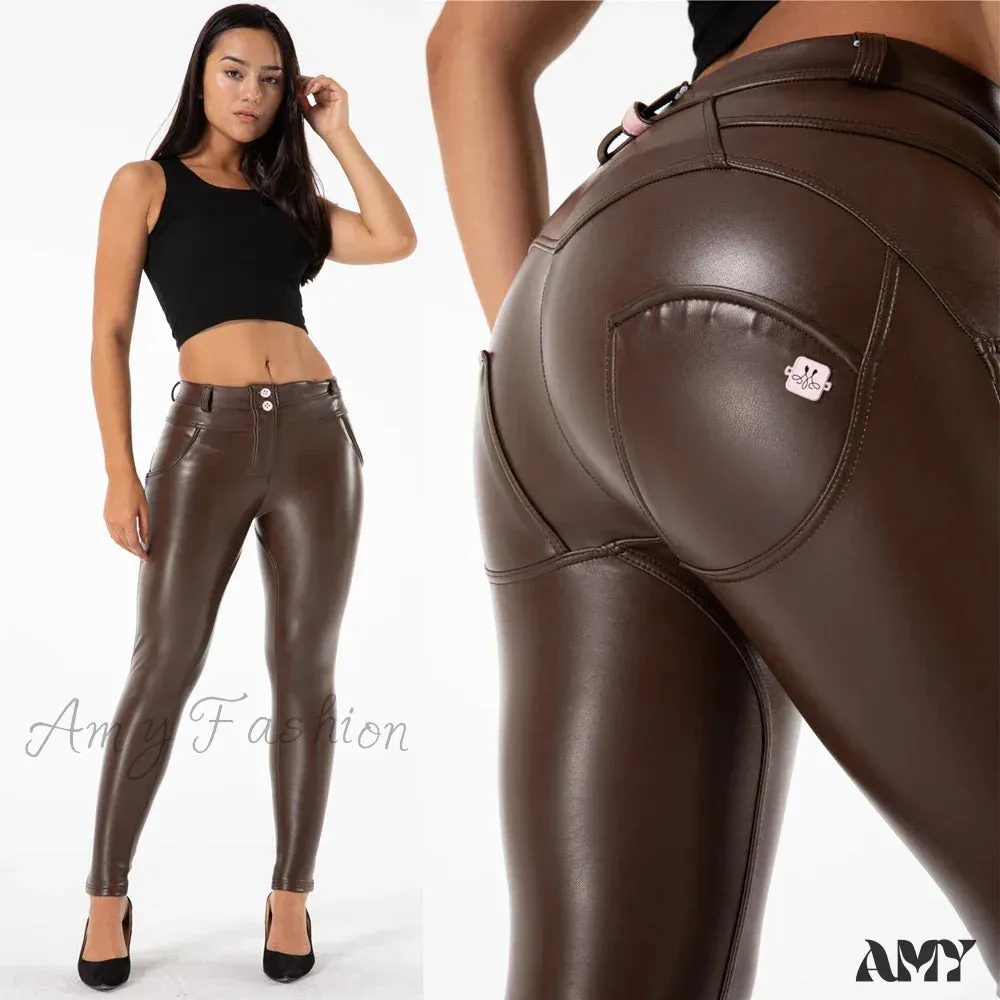 Skin Tight Dark Red Leather Faux Stretch Slim Fit Pants