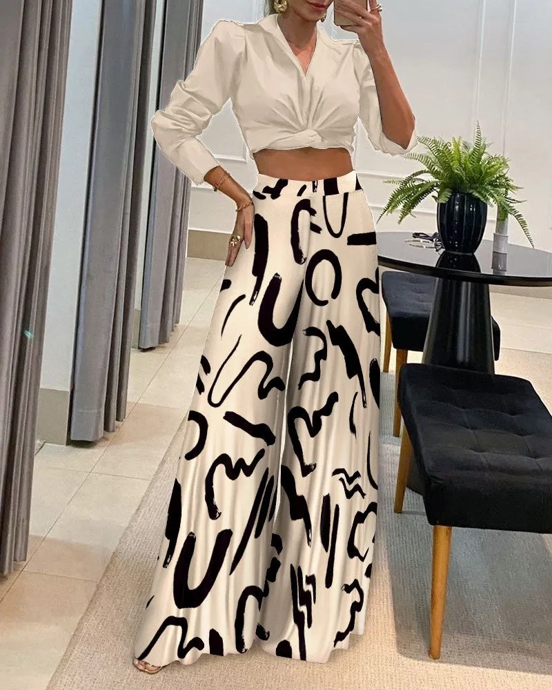 Stylish Casual High-Waisted Pants and Shirt Set