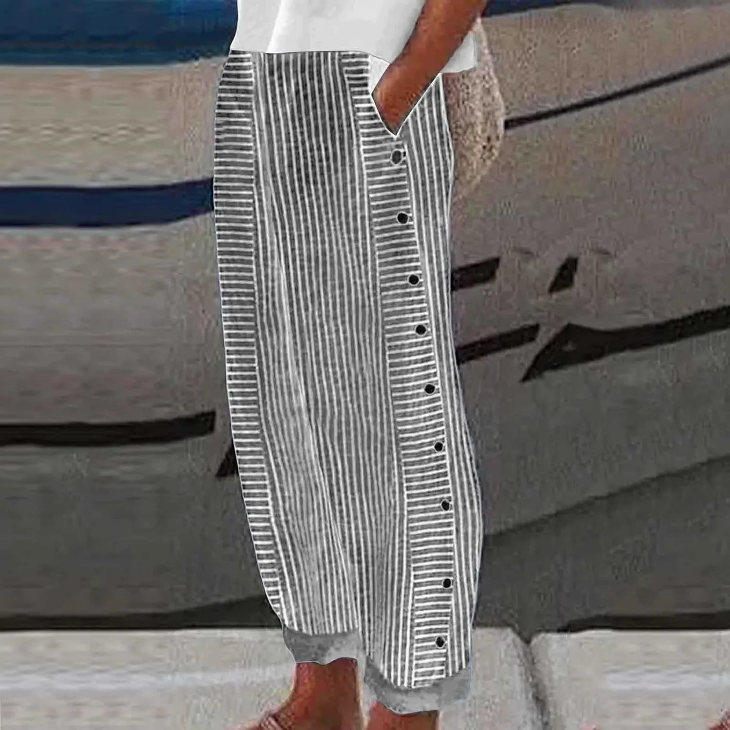 Summer Casual Pants for Women Loose Button Elastic High Waisted Beach Pants Straight Leg Drawstring Lightweight Trousers