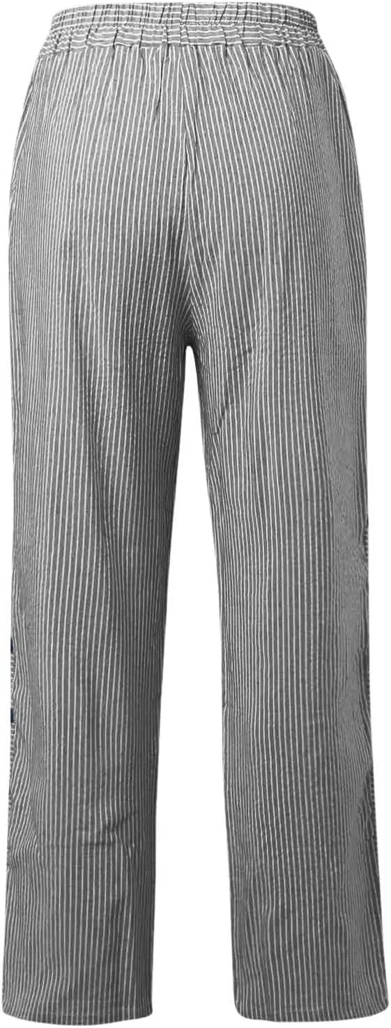 Summer Casual Pants for Women Loose Button Elastic High Waisted Beach Pants Straight Leg Drawstring Lightweight Trousers