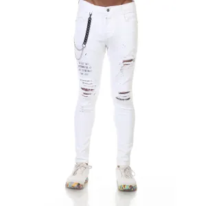 White Fashion Distress Jeans With Chain