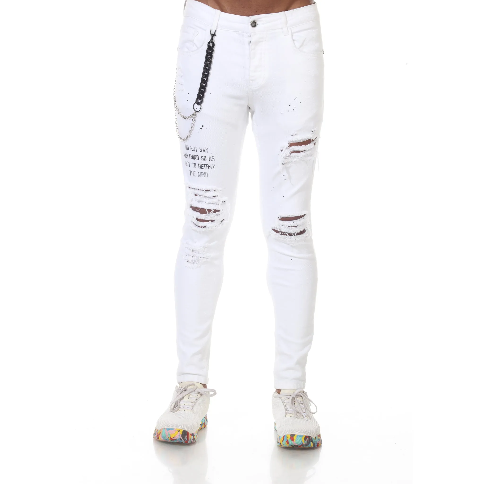 White Fashion Distress Jeans With Chain