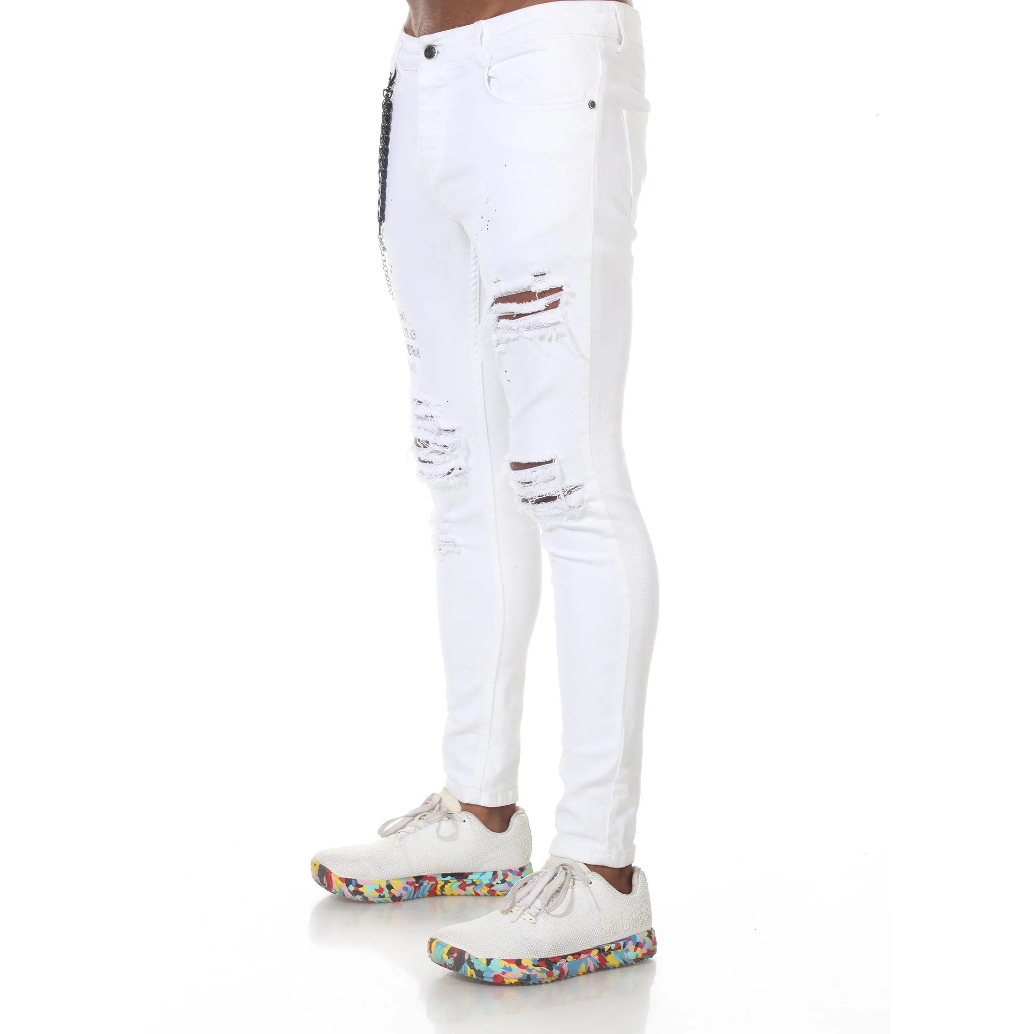 White Fashion Distress Jeans With Chain