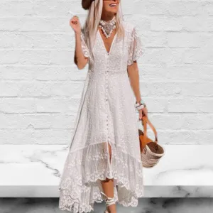 White V-Neck Short Sleeves Lace Casual Boho Maxi Dress