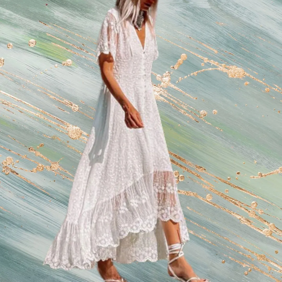 White V-Neck Short Sleeves Lace Casual Boho Maxi Dress