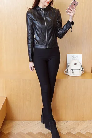 Women Slim Fit Long Sleeve Convenient Amazing Leather Jacket - WJK89728