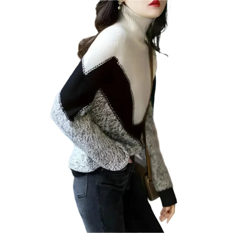 Women's Autumn & Winter Contrast Color High Neck Long Sleeve Knitted Sweater – Casual Loose Fit Korean Fashion Jumper Top