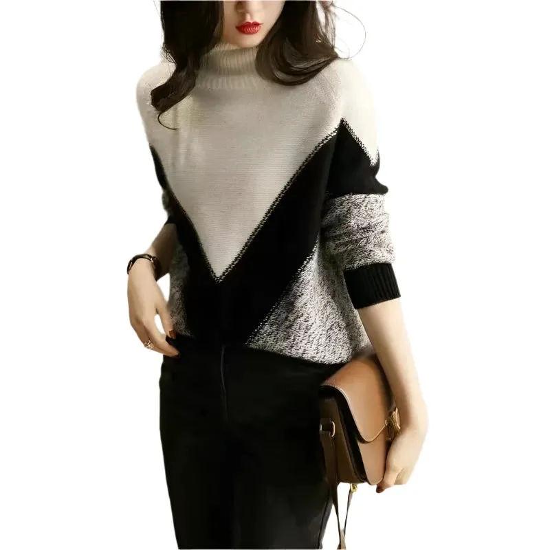 Women's Autumn & Winter Contrast Color High Neck Long Sleeve Knitted Sweater – Casual Loose Fit Korean Fashion Jumper Top
