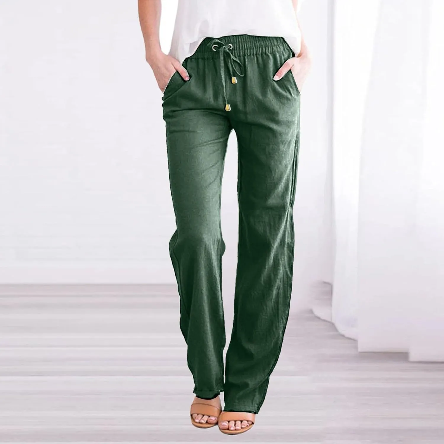Women's Cotton Linen Pants Casual Loose High Waist Casual Wide Capri Pants Elastic Summer Beach Trousers with Pockets