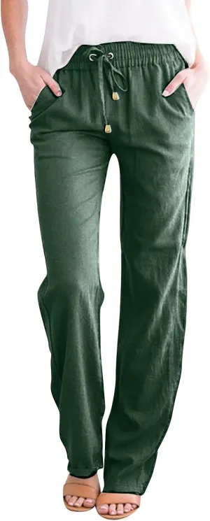 Women's Cotton Linen Pants Casual Loose High Waist Casual Wide Capri Pants Elastic Summer Beach Trousers with Pockets