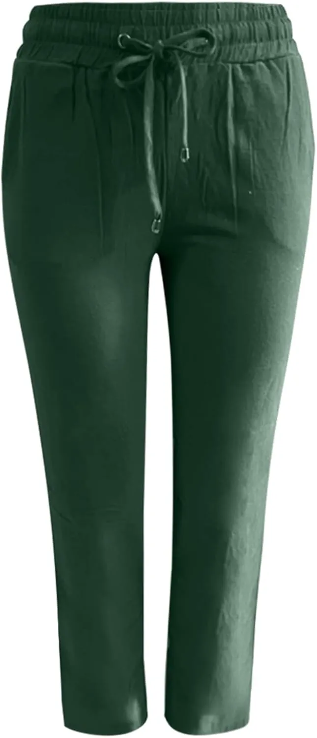 Women's Cotton Linen Pants Casual Loose High Waist Casual Wide Capri Pants Elastic Summer Beach Trousers with Pockets