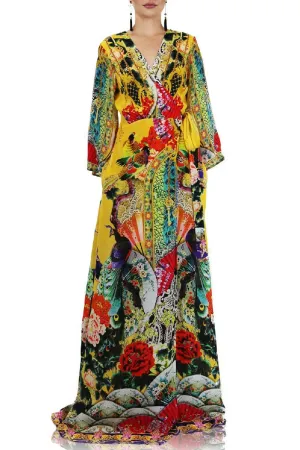 Yellow Long Sleeve Long Wrap Dress