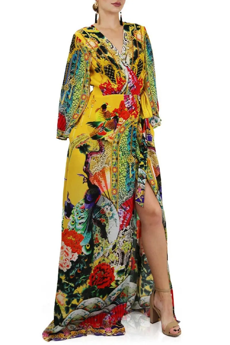 Yellow Long Sleeve Long Wrap Dress